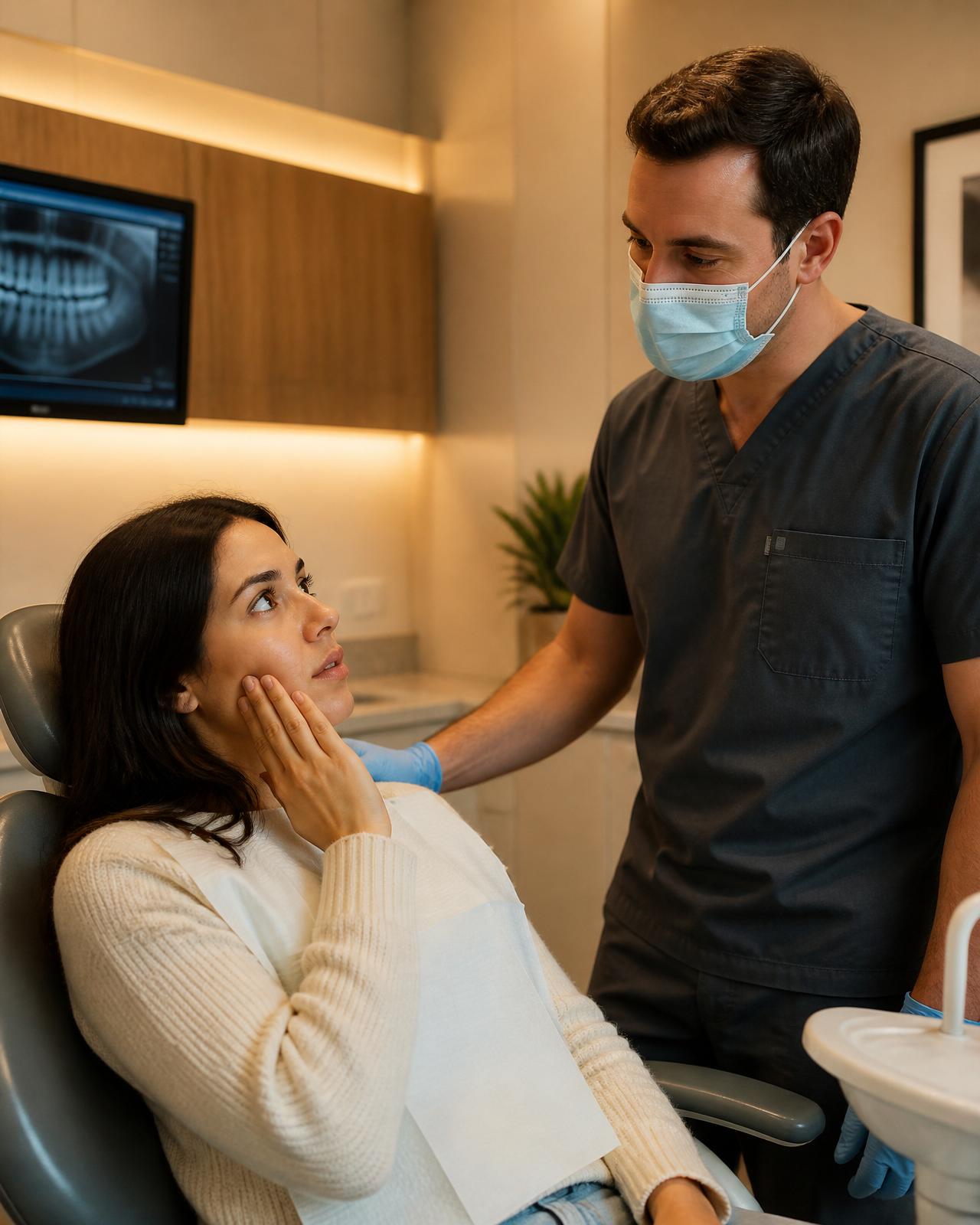 Calm dentist reassuring a patient holding her cheek in a modern Dulwich Dental Centre surgery