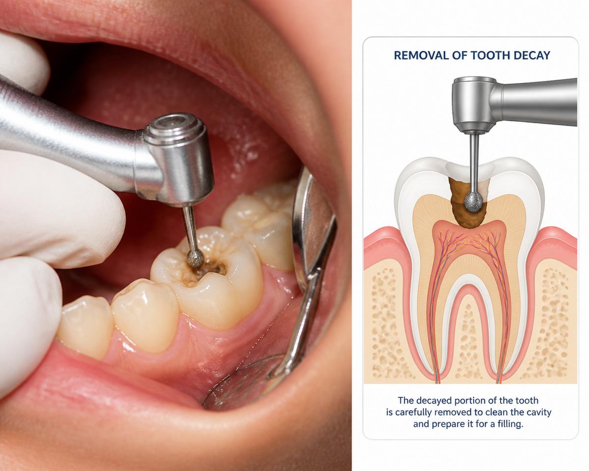 Dentist removing tooth decay with a dental handpiece alongside an educational illustration of decay inside a tooth