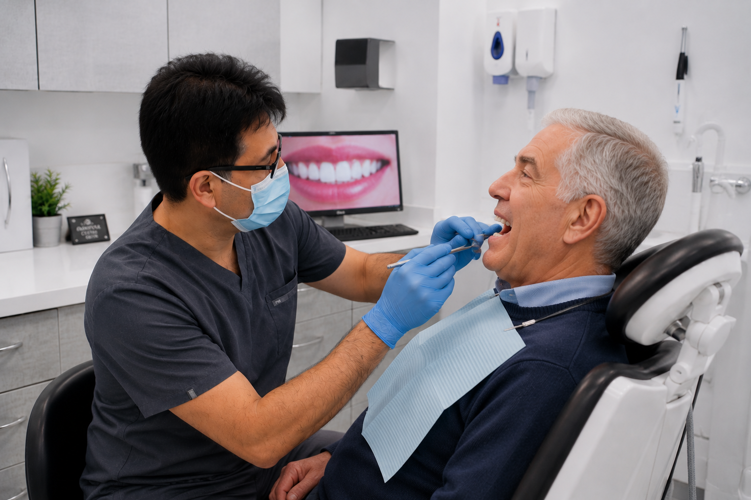 Dentist making small adjustments to a denture with a handpiece for maximum comfort