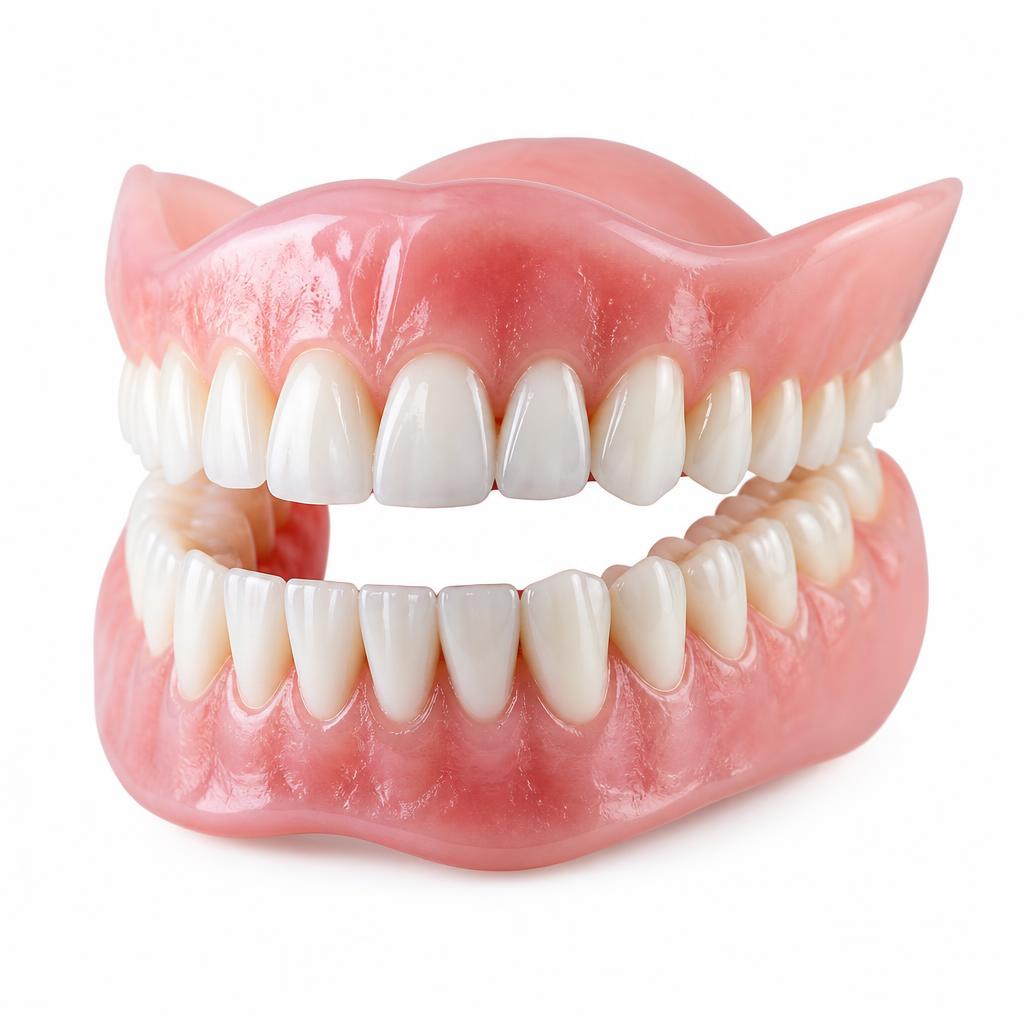 Premium 3D illustration of upper and lower acrylic dentures with natural-looking teeth on a clean white background