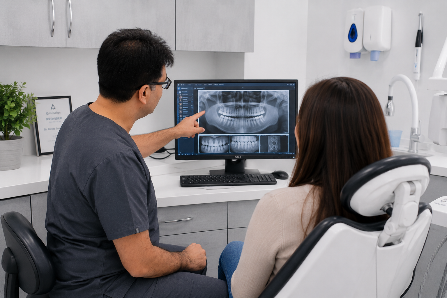 Dentist discussing digital X-rays with patient during a dental check-up at Dulwich Dental Centre
