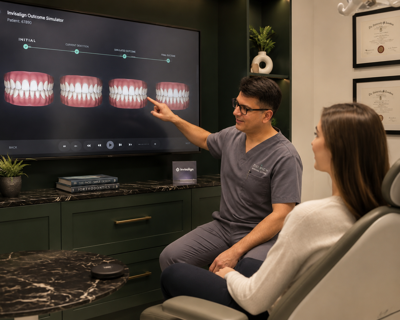 Dentist explaining a 3D digital smile simulation on a large screen to a patient during an Invisalign consultation