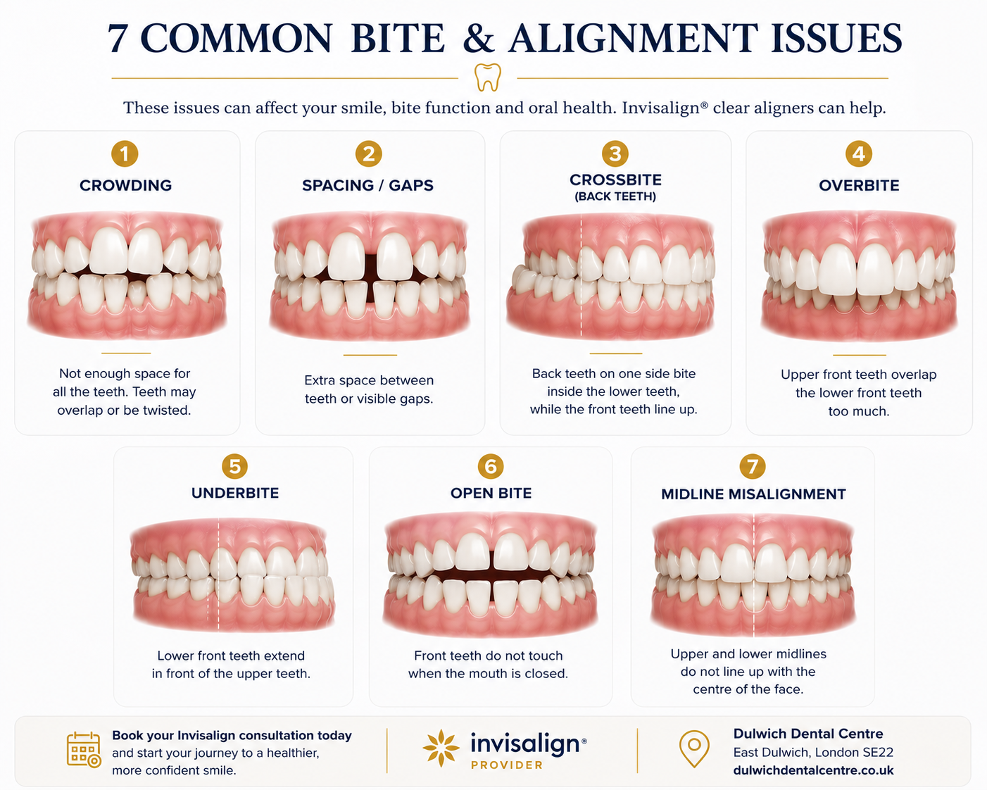 Diagram showing seven common bite and alignment issues that Invisalign clear aligners can correct — crowded teeth, spacing, crossbite, overbite, underbite, open bite and mild relapse