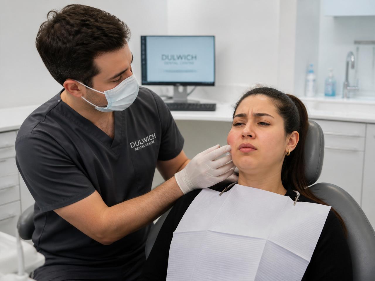 Dentist reviewing a digital X-ray with a patient in a modern surgery
