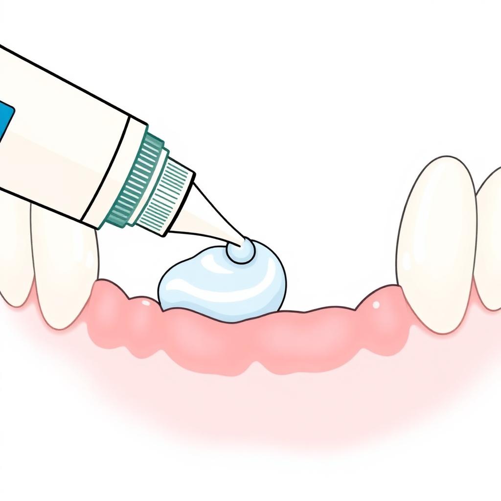 Illustration of denture adhesive cream being applied to the pink base of a denture