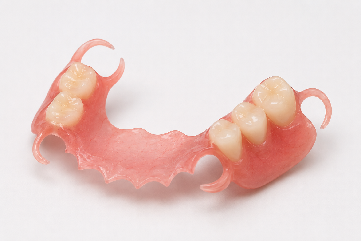 Flexible pink gum-coloured denture with invisible flexible clasps