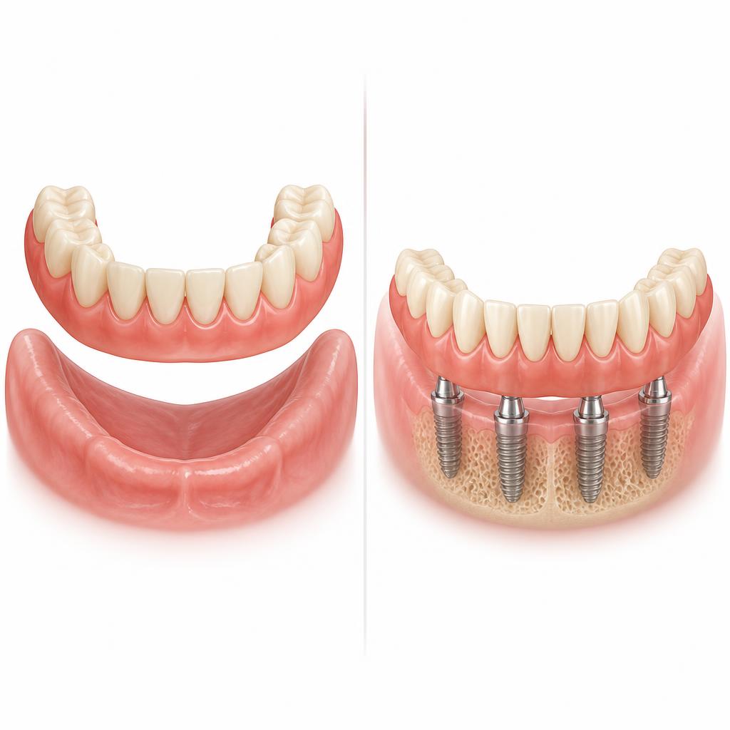 Comparison illustration showing a loose removable lower denture on the left and fixed implant-supported teeth on the right
