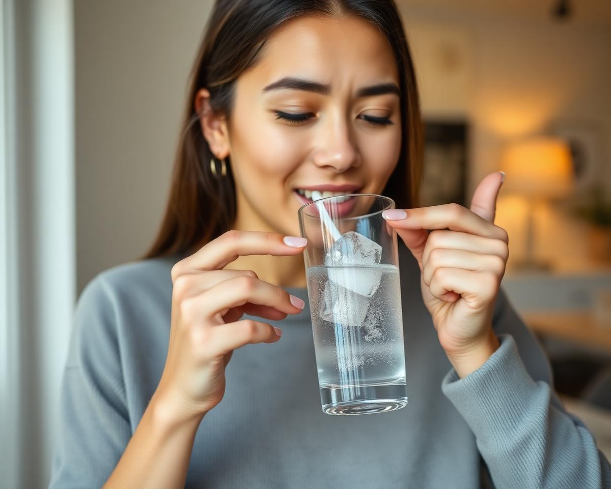 Patient drinking cold water and pointing to a sensitive tooth