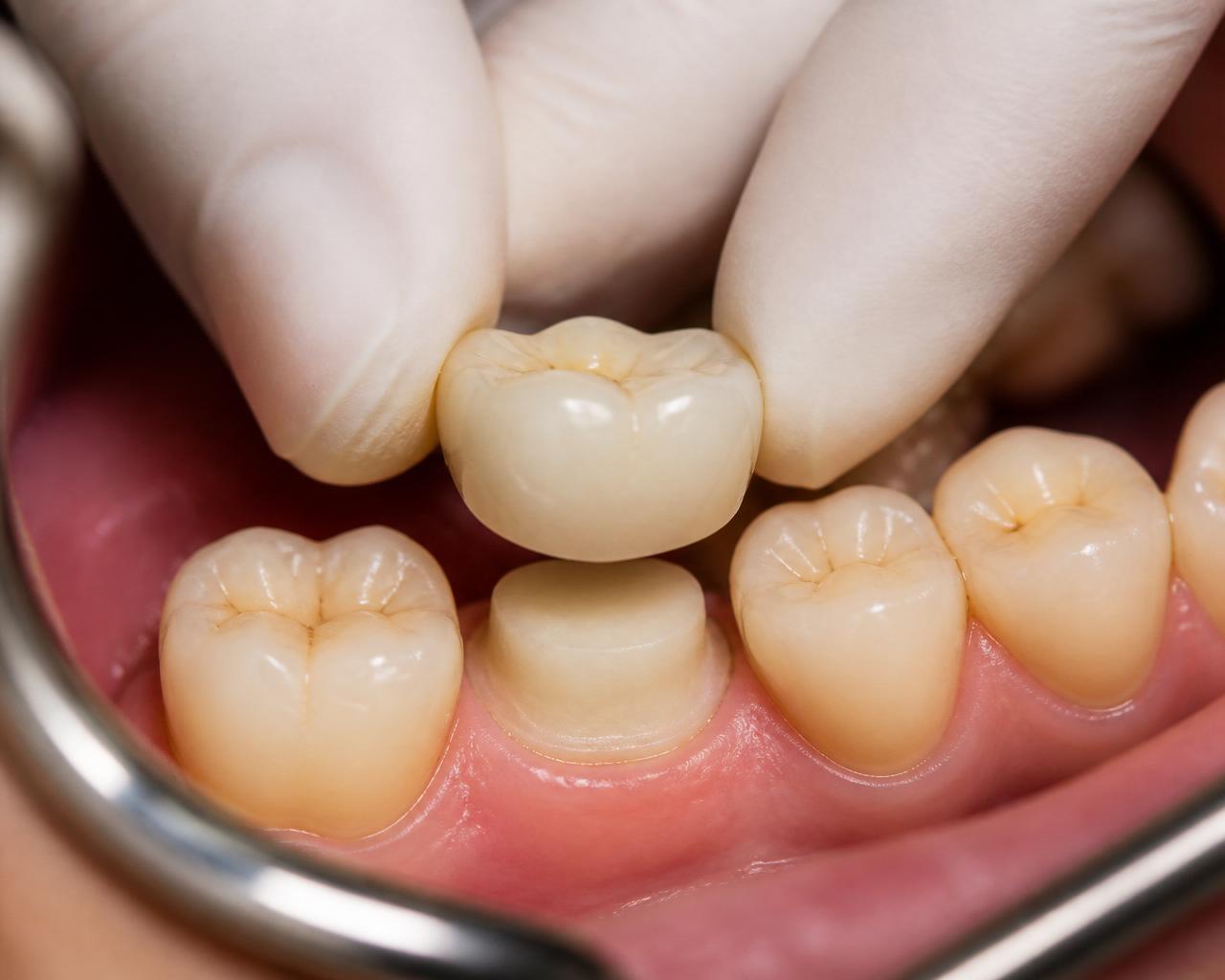 Dentist fitting a natural-looking ceramic crown onto a treated molar tooth