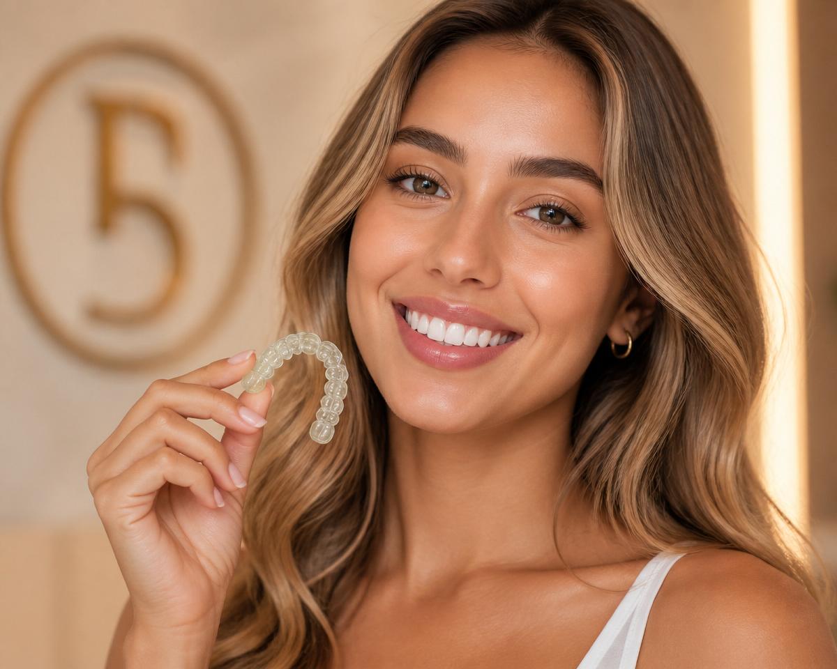 Happy patient smiling confidently after finishing Invisalign clear aligner treatment and holding a retainer