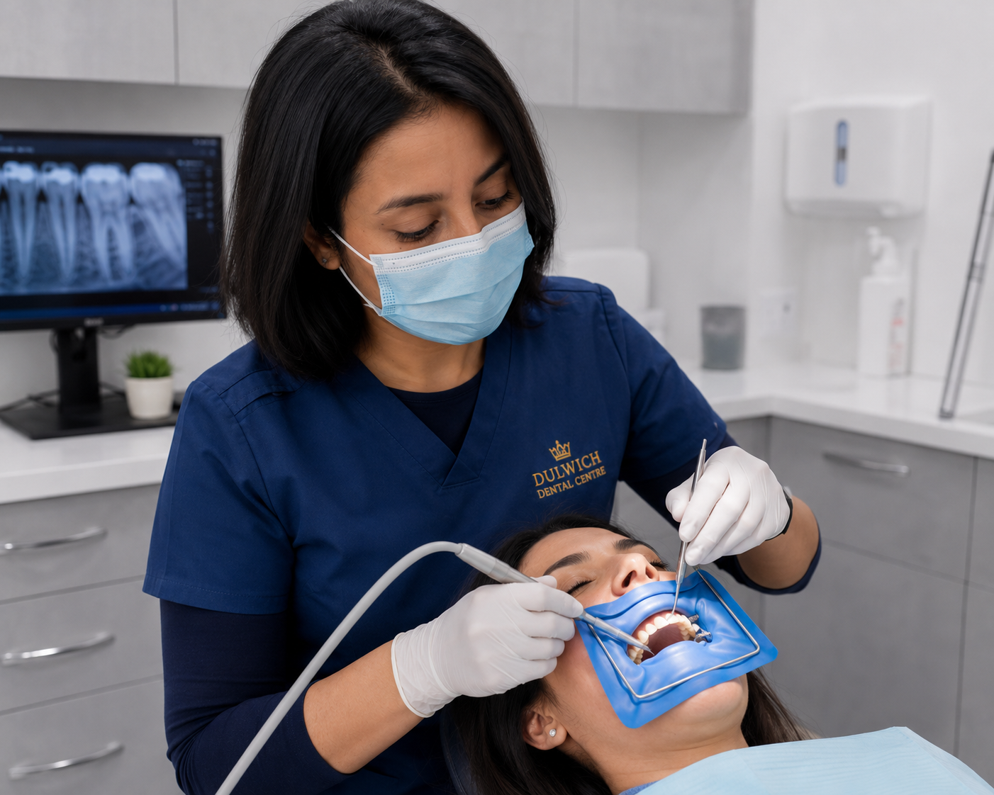 Dentist in dark grey scrubs performing calm root canal treatment on a relaxed patient at Dulwich Dental Centre
