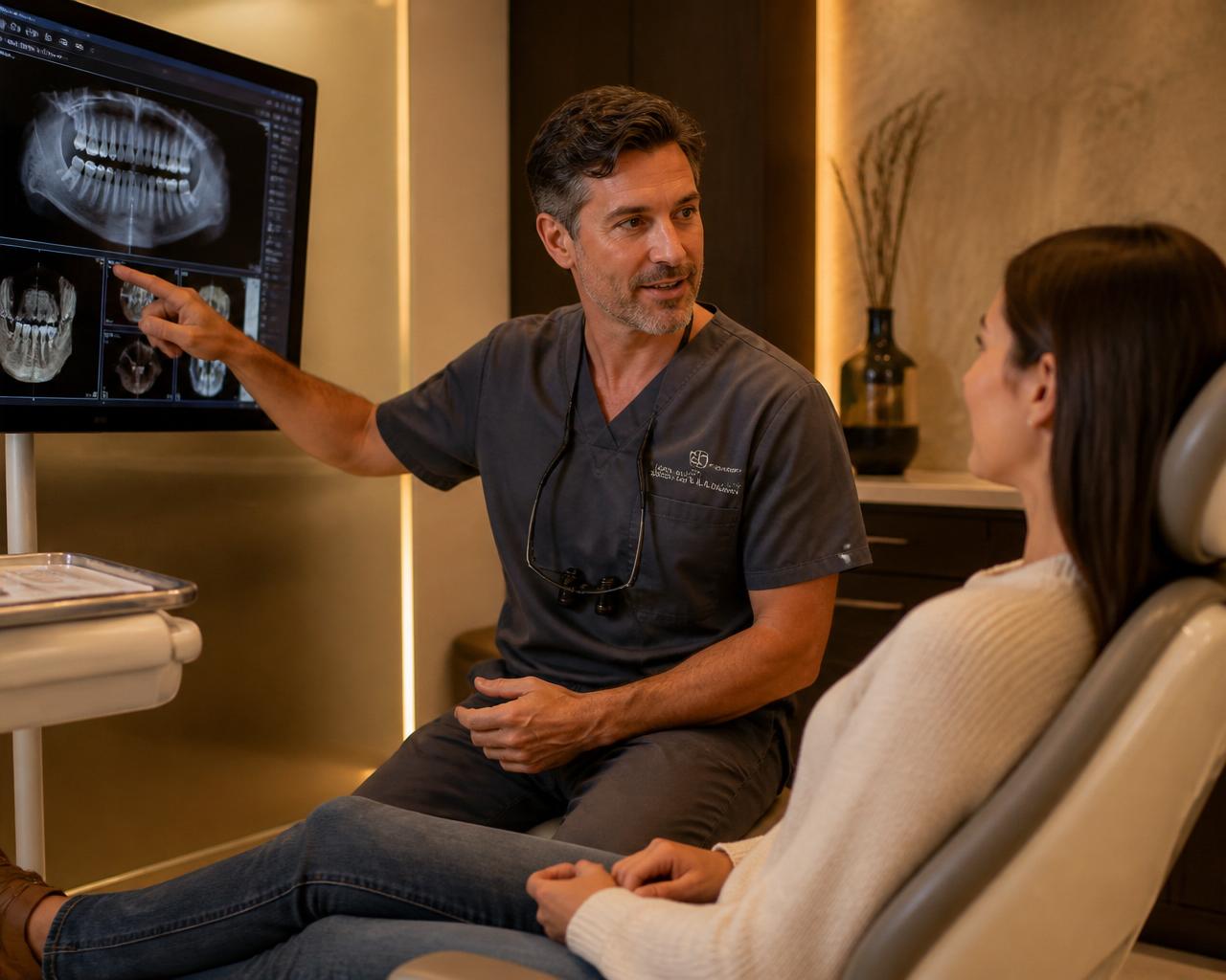 Dentist reviewing digital dental X-rays with a calm patient on a large monitor