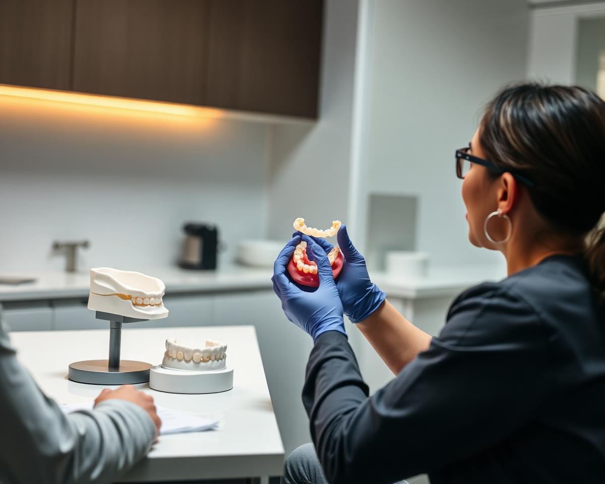 Dentist holding a fractured denture while discussing repair options