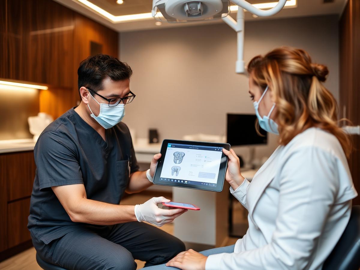 Dentist explaining a treatment plan on a tablet to a patient