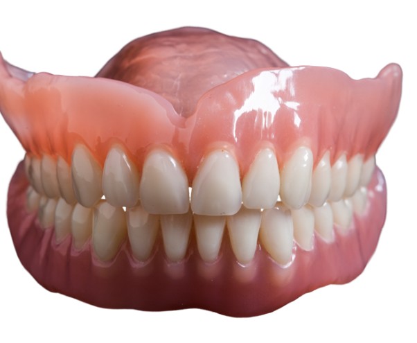 Dentist fitting a finished polished denture into a smiling patient's mouth
