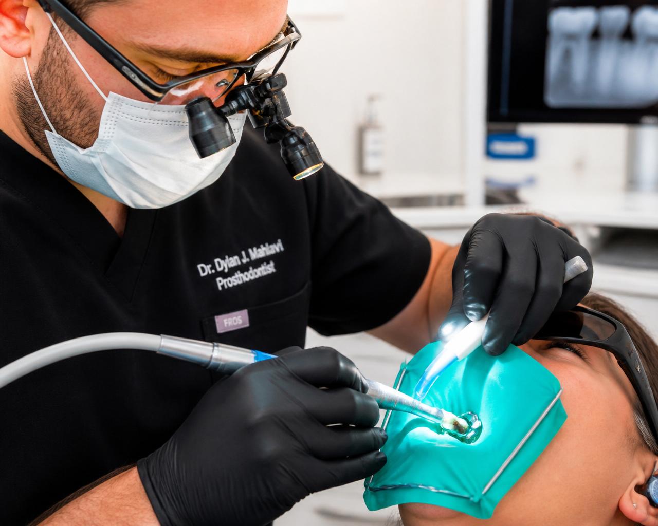 Close-up of dentist removing deep decay from a molar with a handpiece under rubber dam isolation