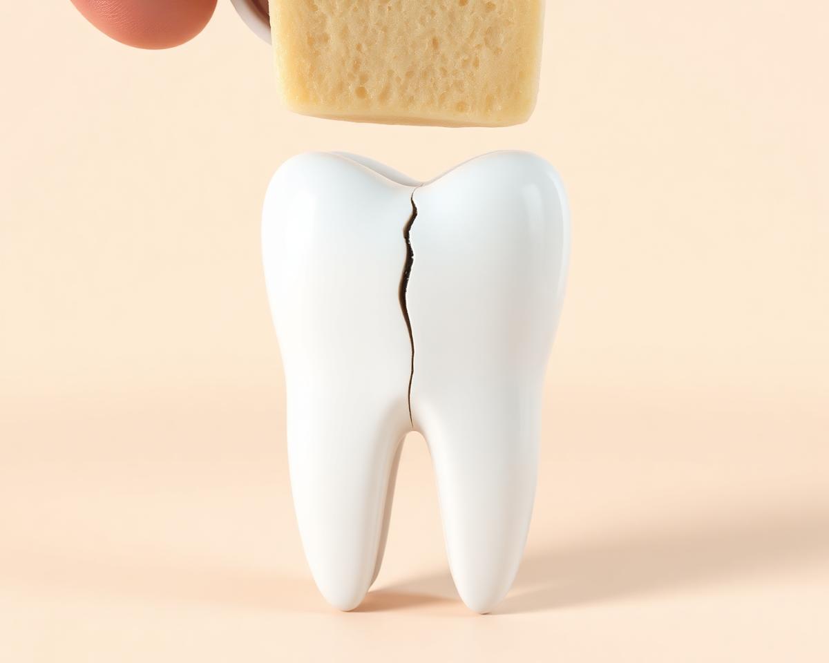 3D illustration of a molar tooth with a fine visible crack under biting pressure
