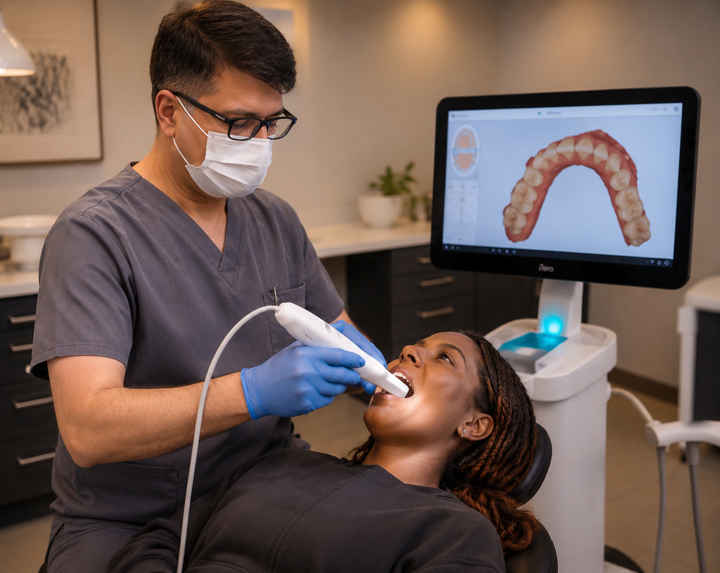 Dentist using an iTero digital intraoral scanner to capture a 3D scan of a patient's teeth for Invisalign treatment