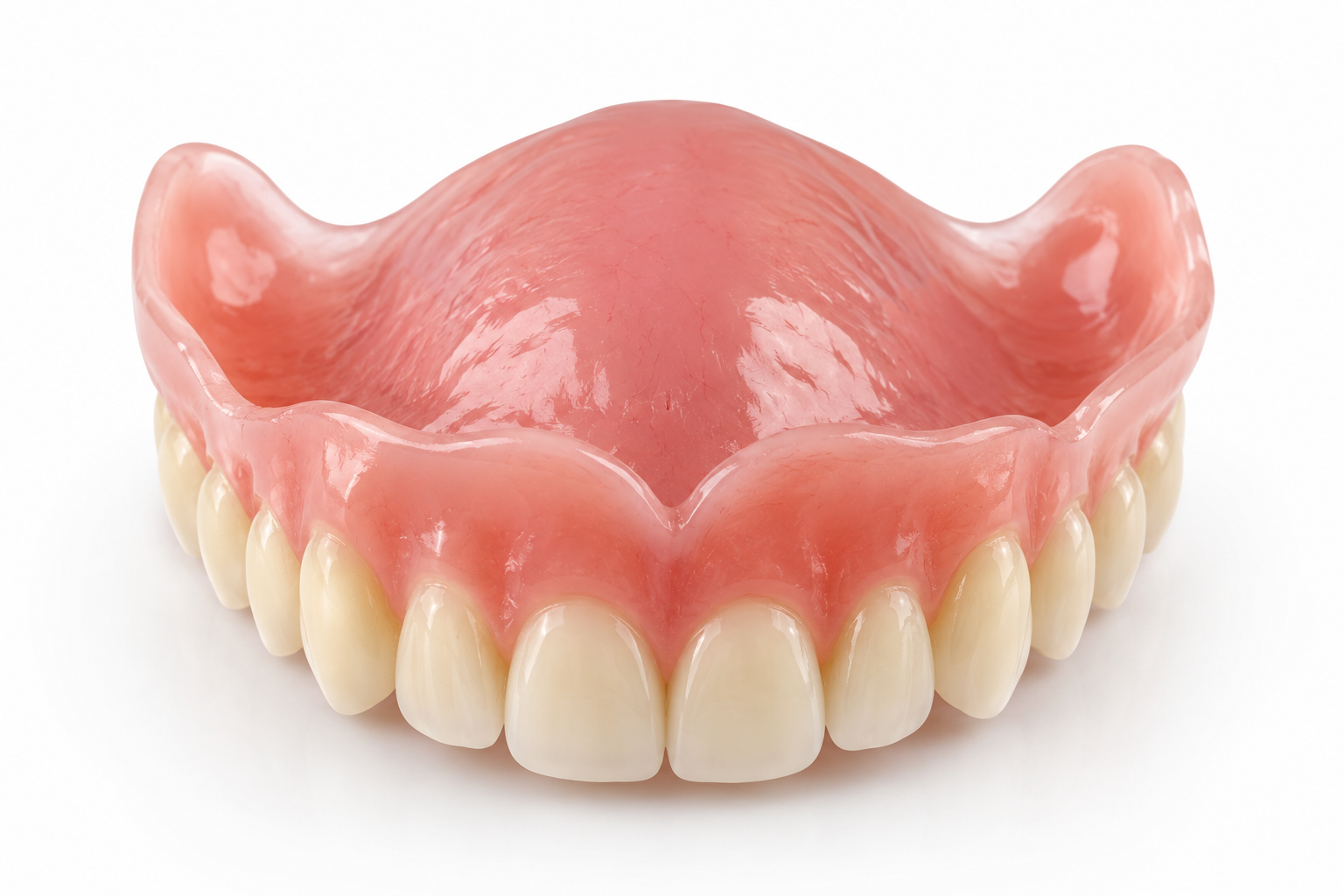Realistic full upper and lower acrylic denture with pink gums and white teeth