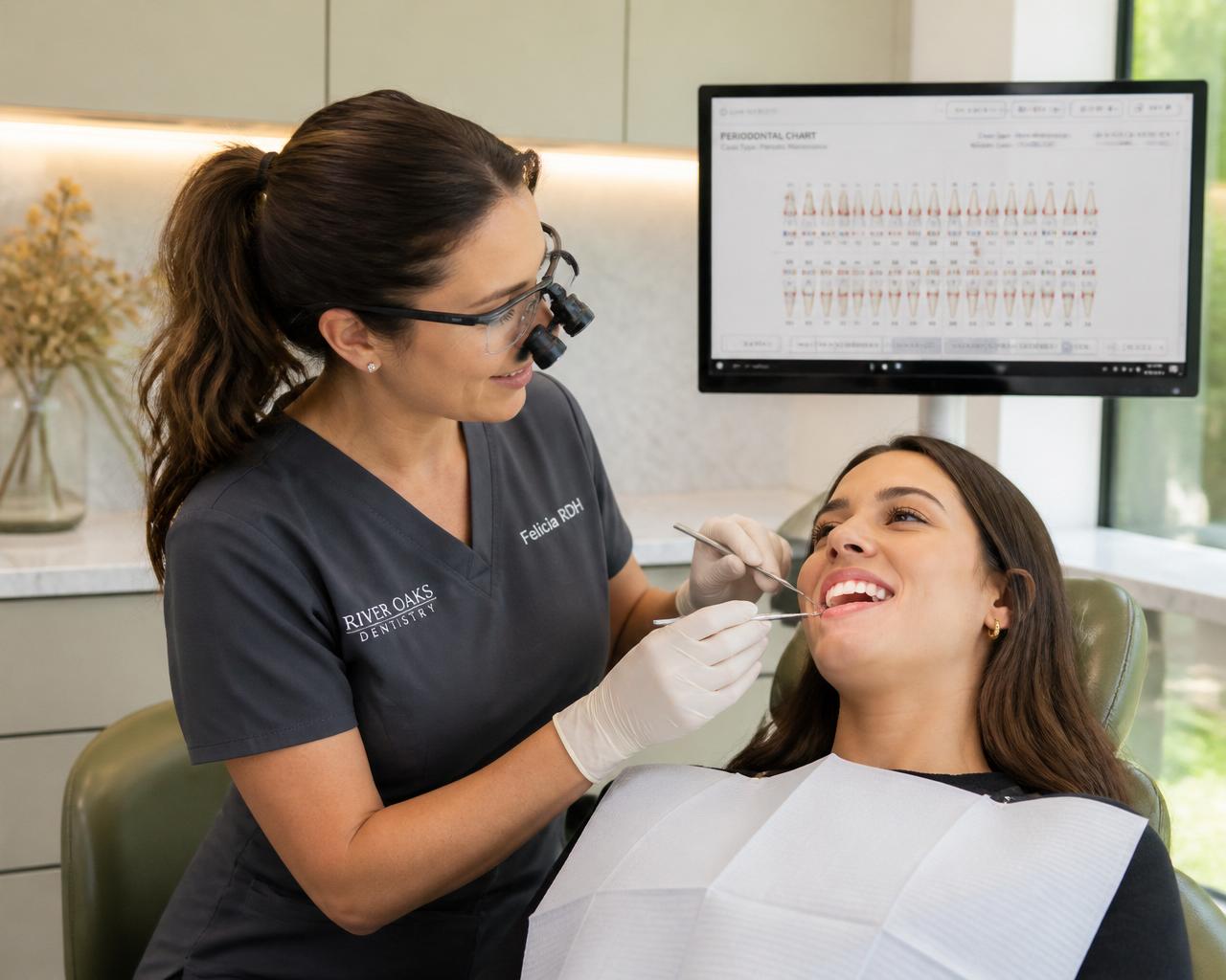 Step 1 — Hygienist examining a patient's gums during oral hygiene assessment