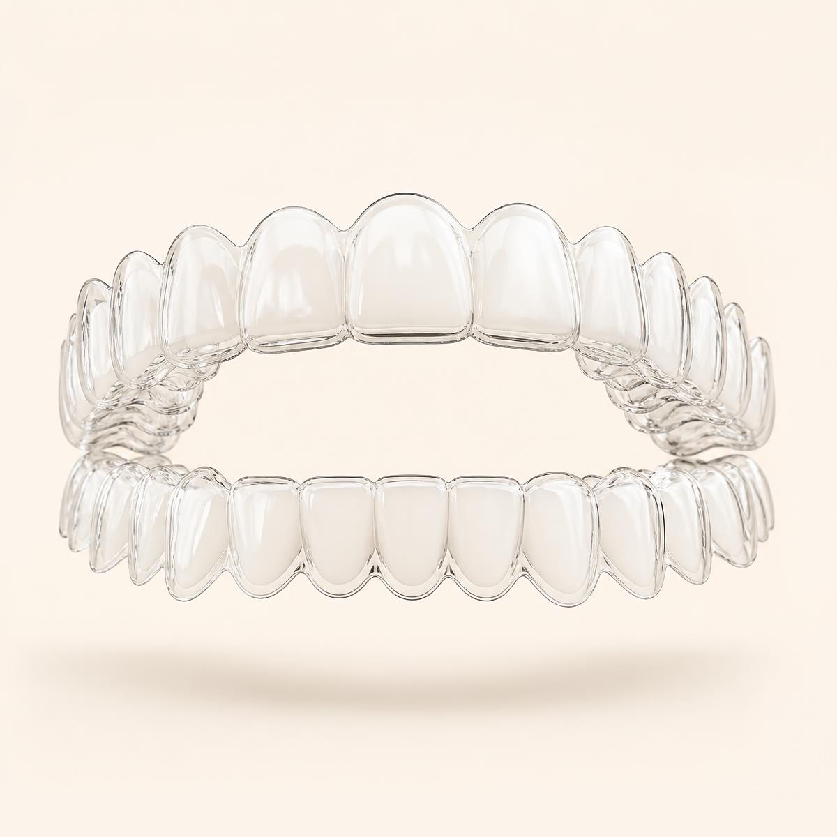Premium 3D render of transparent Invisalign clear aligners for upper and lower teeth