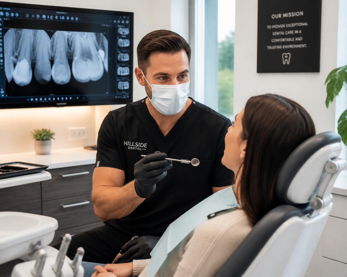 Dentist examining tooth with a dental mirror while digital X-rays display on a monitor