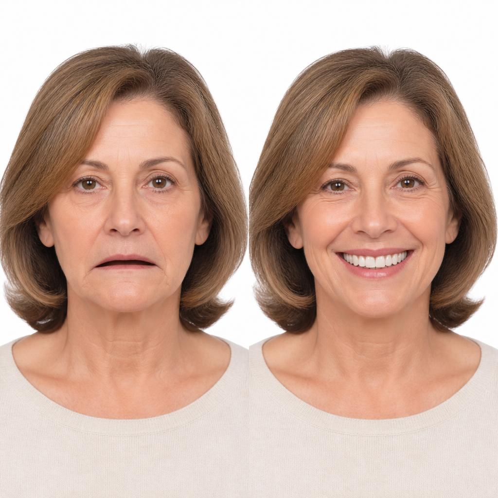 Before and after: a patient without teeth showing sunken lips next to the same patient smiling confidently after being fitted with dentures
