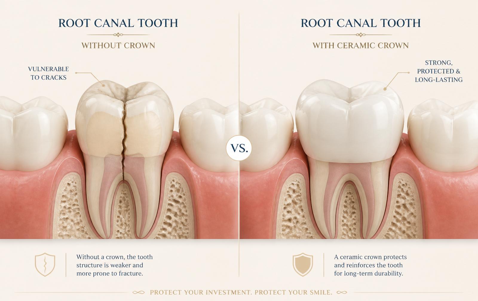 Comparison illustration of a root canal treated tooth with a visible crack versus the same tooth protected by a ceramic crown