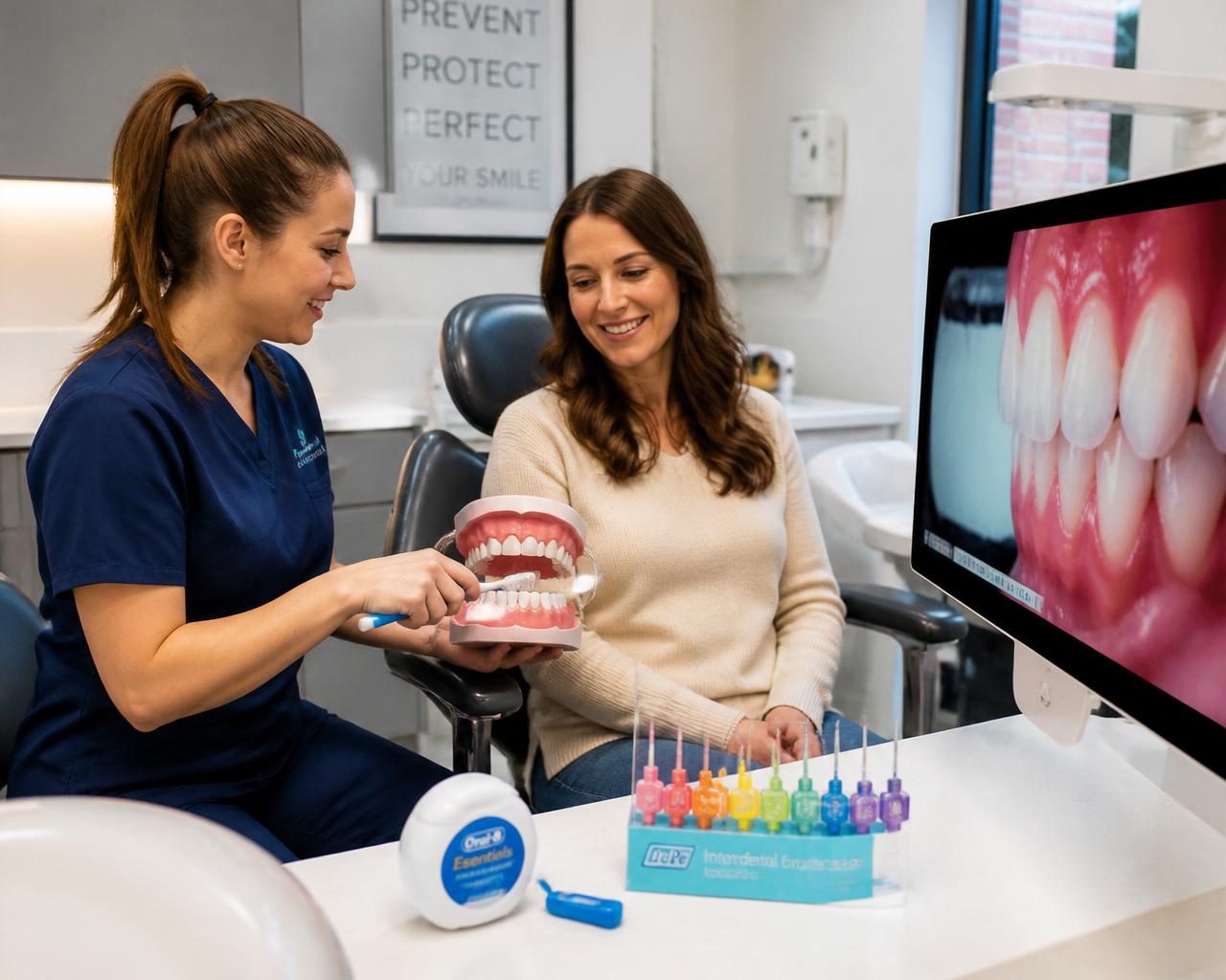 Step 5 — Hygienist demonstrating brushing technique on a dental model
