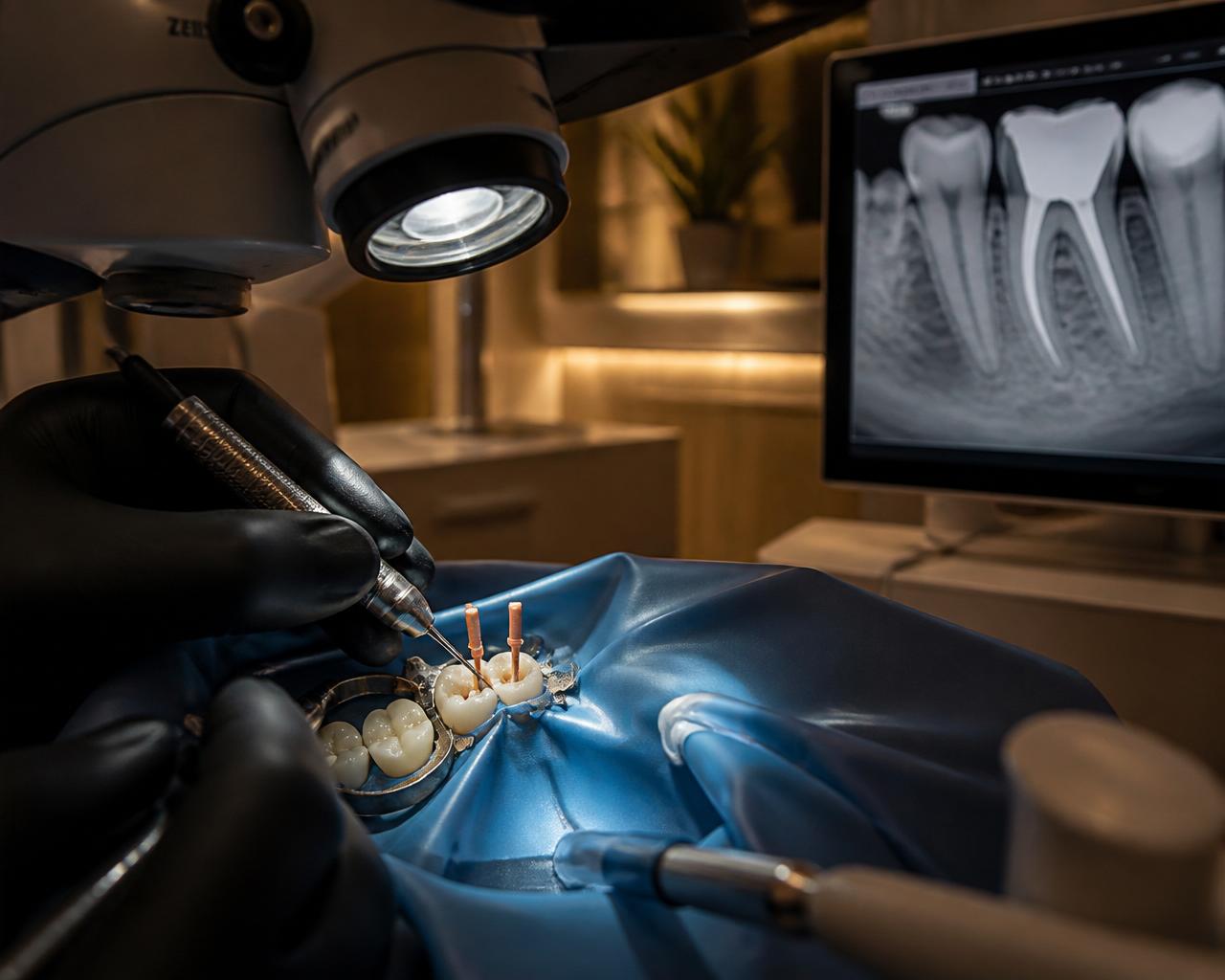 Warm gutta-percha obturation of a molar with X-ray on nearby monitor showing beautifully filled canals