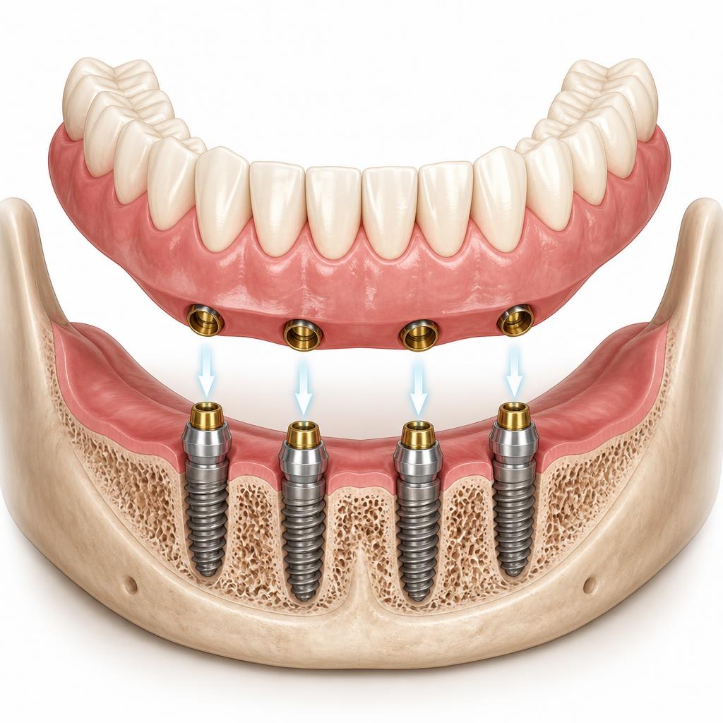 Cross-sectional illustration of a lower jaw with four dental implants and an overdenture clicking securely on top