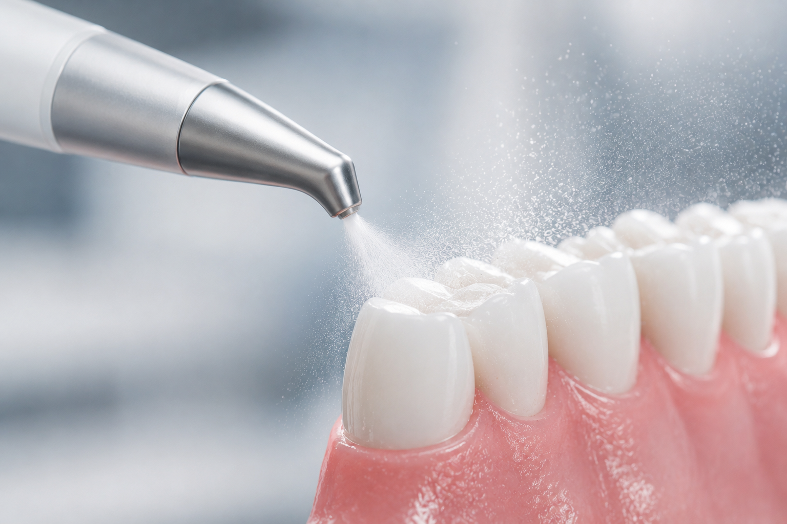 Diagram showing how Airflow combines air, warm water and fine powder to remove biofilm and stains from teeth