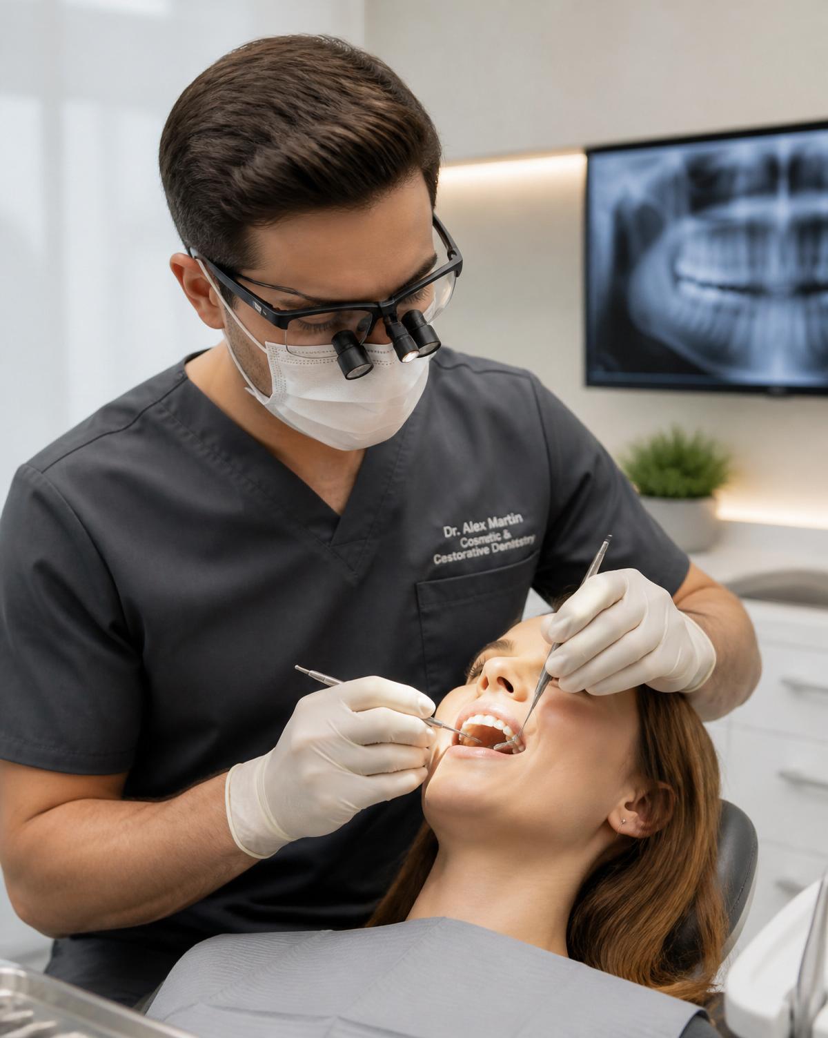 Dentist in dark grey scrubs and loupes placing a white composite filling on a relaxed patient at Dulwich Dental Centre