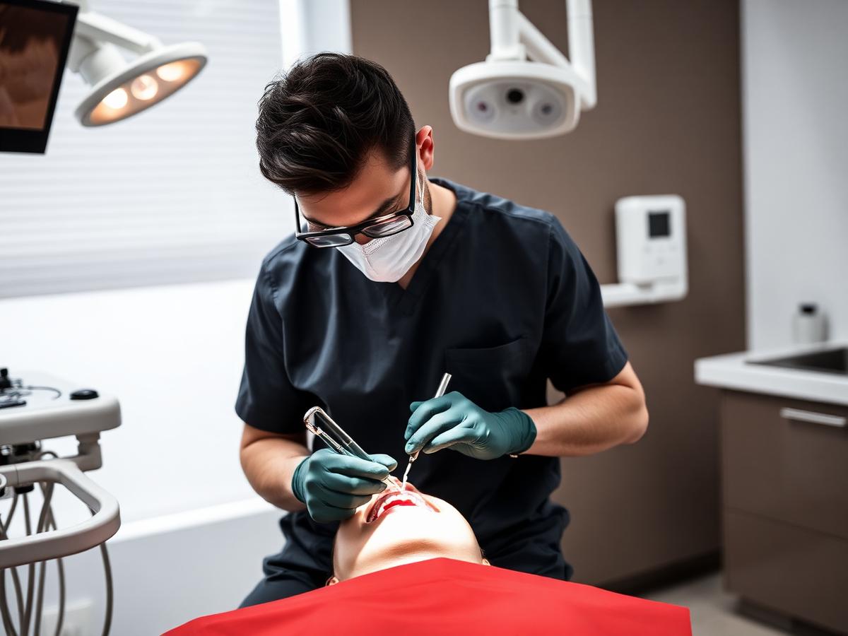 Dentist performing emergency dental treatment