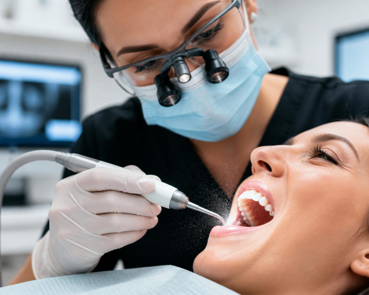 Step 2 — Ultrasonic scaler removing hardened tartar during professional scale