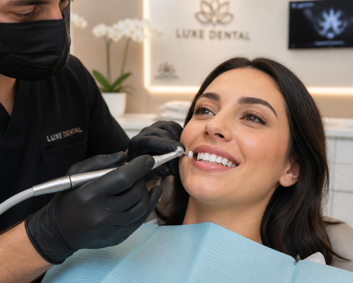 Dentist polishing a newly completed composite filling with the patient smiling