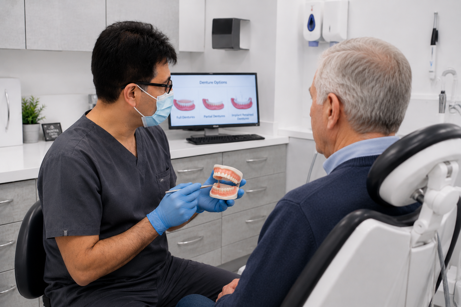Dentist wearing loupes and dark scrubs examining an older patient's mouth in a modern dental chair