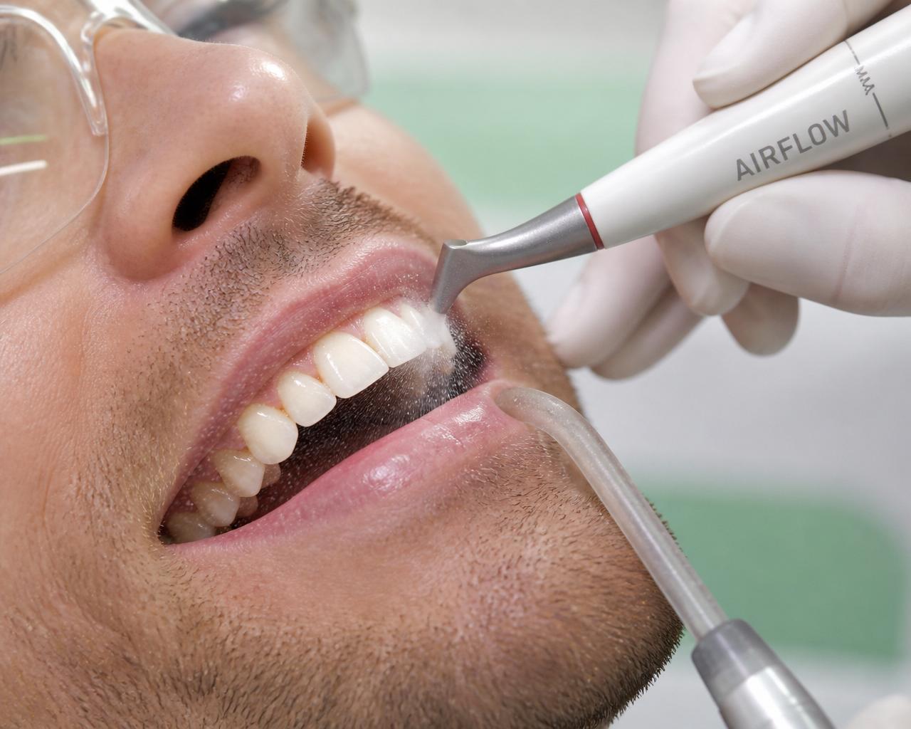 Step 4 — Airflow handpiece gently removing coffee stains from front teeth