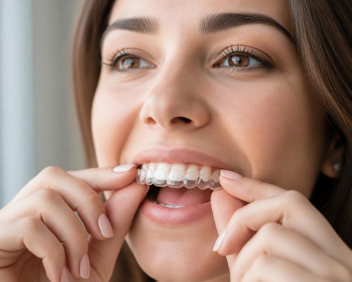 Patient inserting a clear Invisalign aligner over their upper teeth